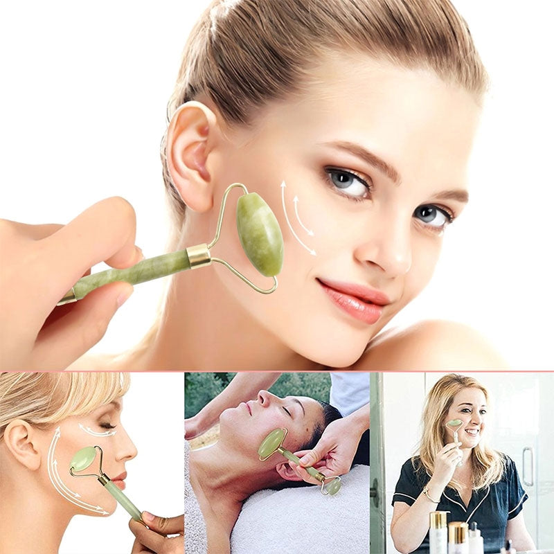 Rullo per Massaggio Facciale a Doppia Giada , Antipuffiness e Drenante per il Viso